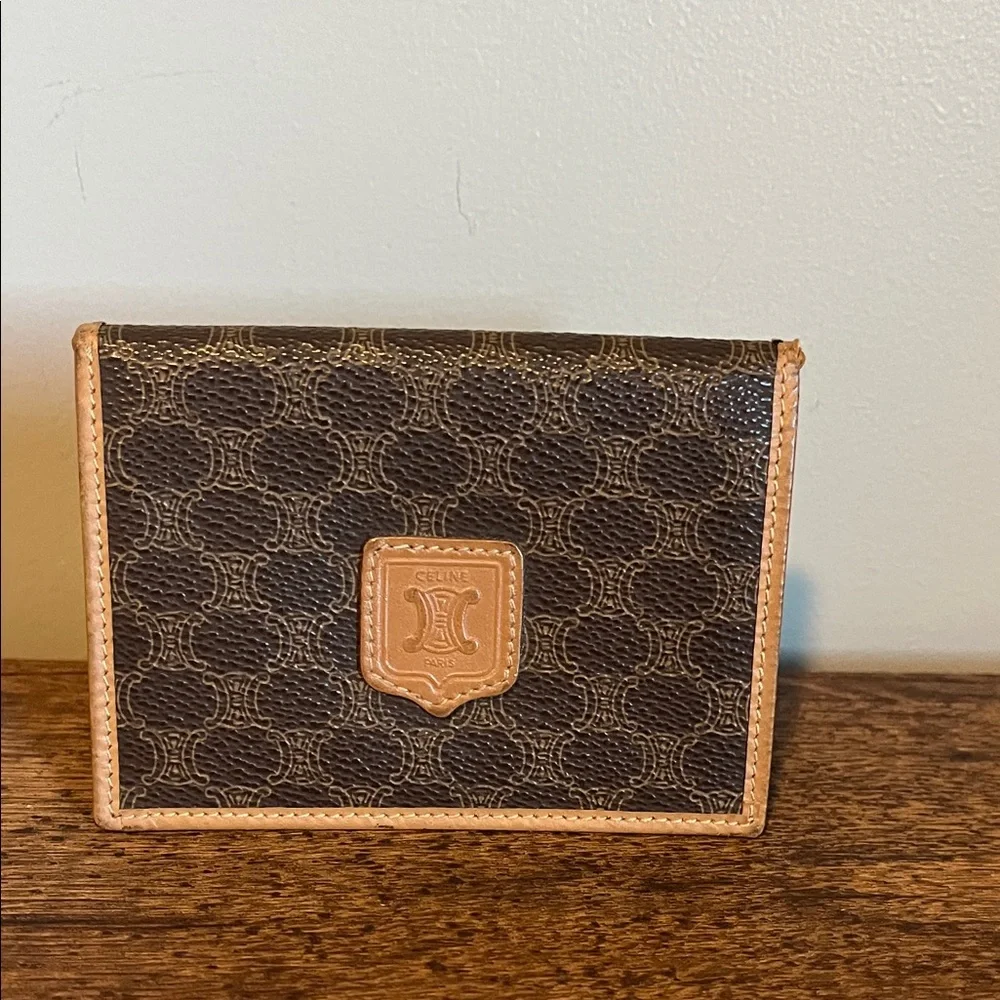 Celine Dark Brown Monogram Card Holder with Tan Trim